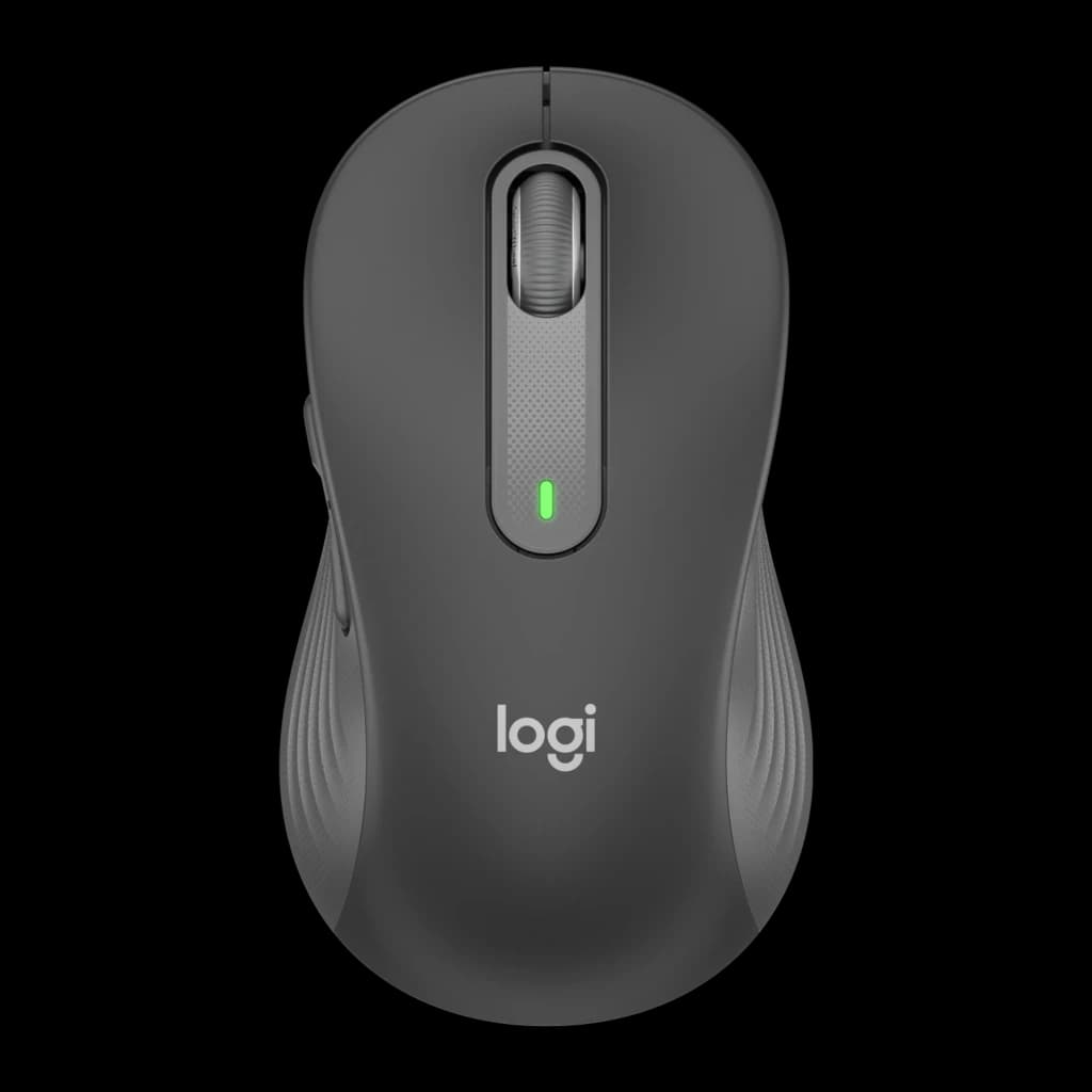Logitech Rato Signature M650 L for Business Grafite, vista superior: roda de deslocamento, LED verde e logótipo logi visíveis