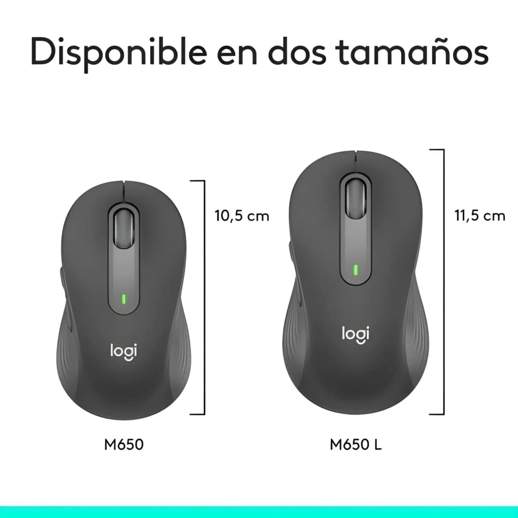Logitech Signature M650 L for Business Grafite, comparação de tamanhos: M650 (10,5 cm) e M650 L (11,5 cm) vistos de cima