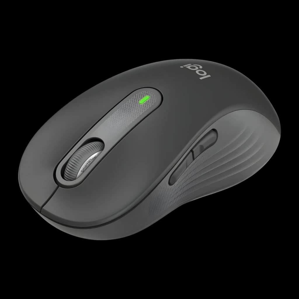 Logitech Rato Signature M650 L for Business Grafite, vista superior em ângulo: SmartWheel, botão central verde e textura
