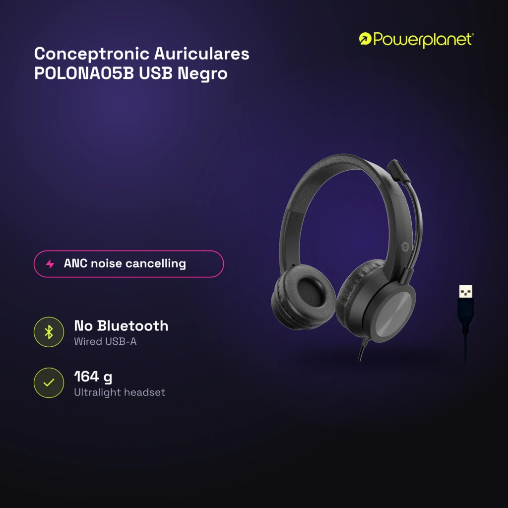 Conceptronic POLONA05B USB negro, kit: vista tres cuartos con micrófono ajustable y cable USB-A en primer plano - Ítem7