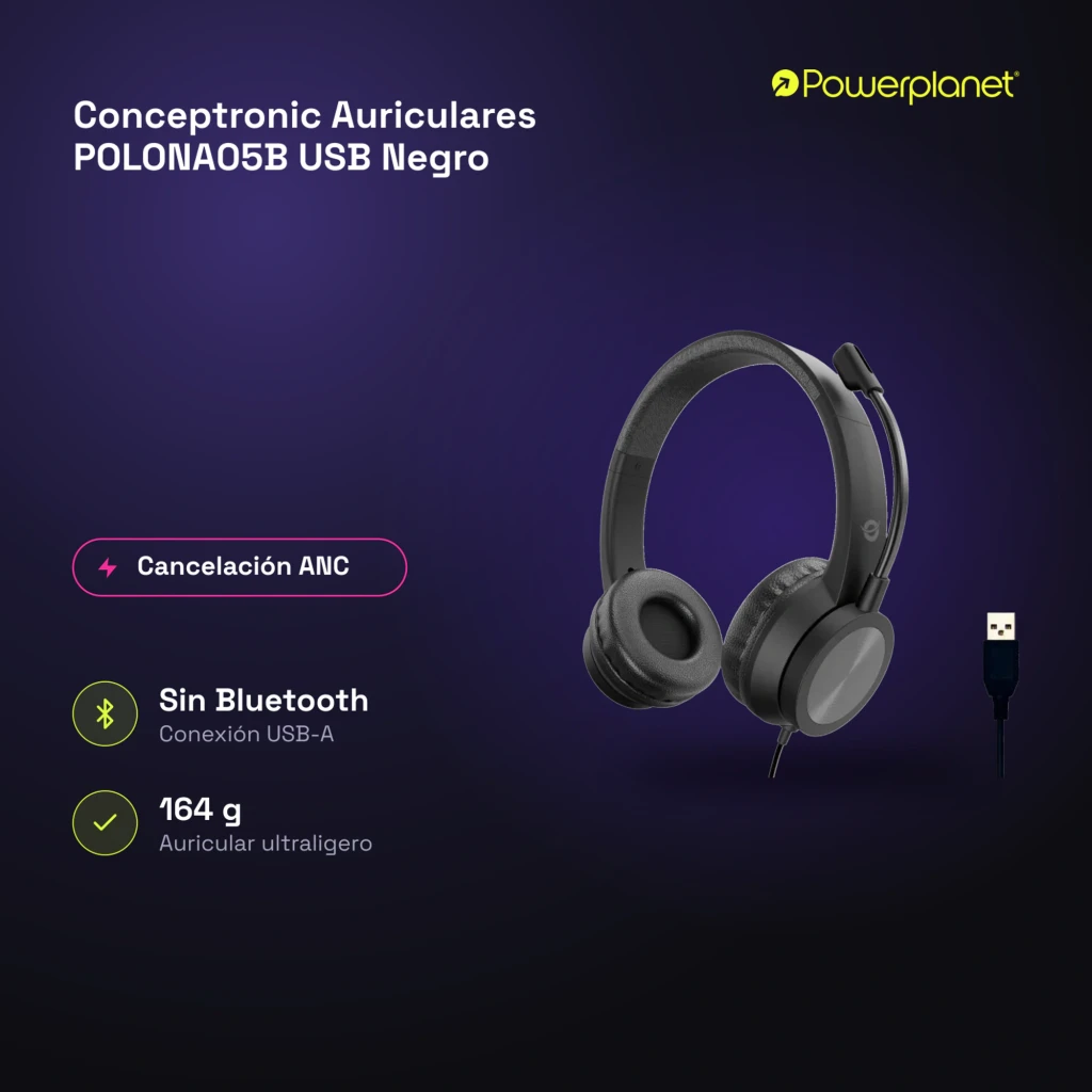 Conceptronic POLONA05B USB negro, kit: vista tres cuartos con micrófono ajustable y cable USB-A en primer plano - Ítem4