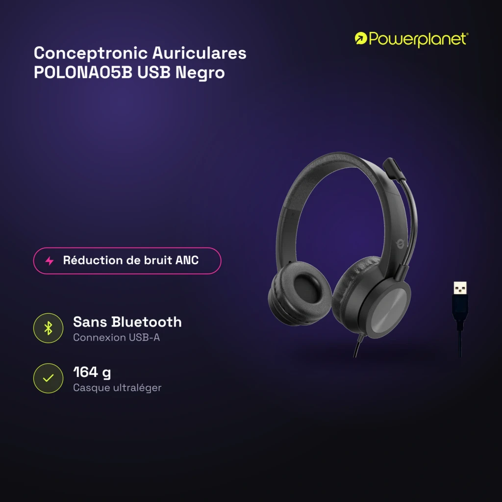 Conceptronic POLONA05B USB negro, kit: vista tres cuartos con micrófono ajustable y cable USB-A en primer plano - Ítem6