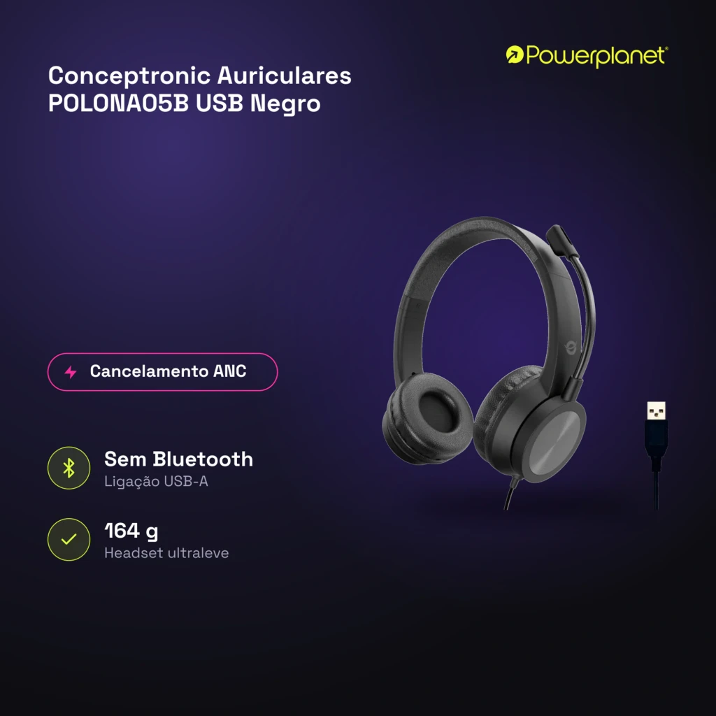 Conceptronic POLONA05B USB negro, kit: vista tres cuartos con micrófono ajustable y cable USB-A en primer plano - Ítem5