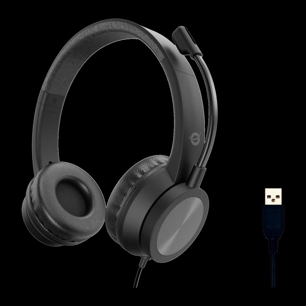 Conceptronic POLONA05B USB negro, kit: vista tres cuartos con micrófono ajustable y cable USB-A en primer plano