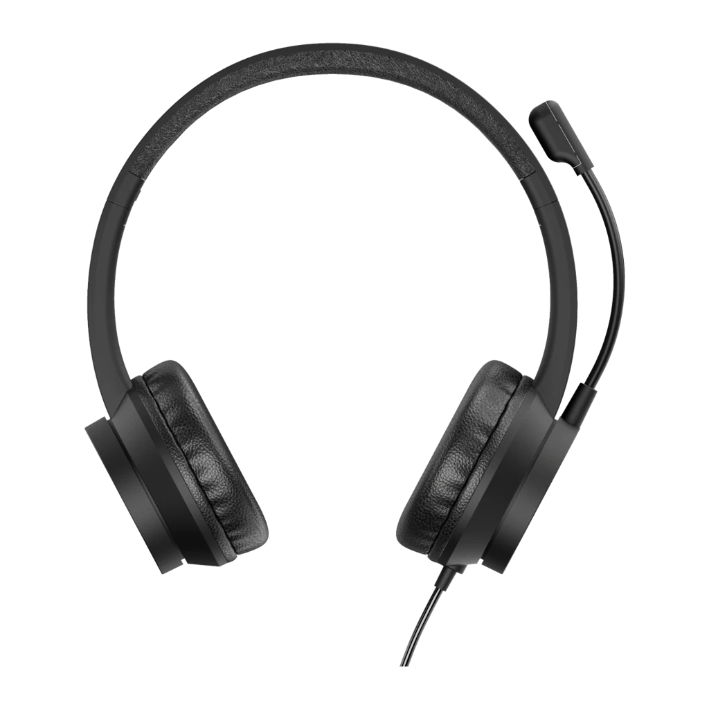 Conceptronic POLONA05B USB negro, kit: vista tres cuartos con micrófono ajustable y cable USB-A en primer plano - Ítem1