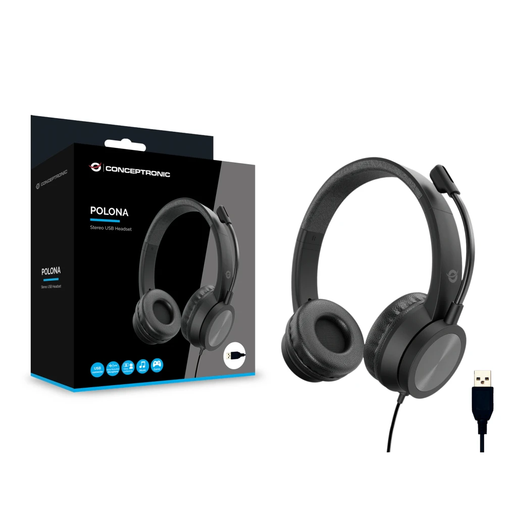 Conceptronic POLONA05B USB negro, kit: vista tres cuartos con micrófono ajustable y cable USB-A en primer plano - Ítem3