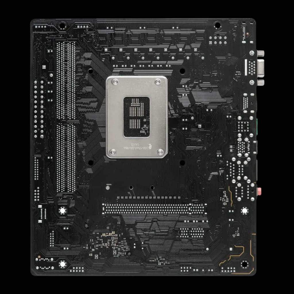 ASRock H610M-HVS/M.2 R2.0 microATX 64GB, vue arrière: PCB noir avec renfort métallique du socket LGA1700 visible