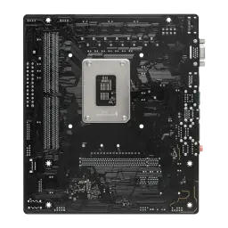ASRock H610M-HVS/M.2 R2.0 microATX 64GB, vue arrière: PCB noir avec renfort métallique du socket LGA1700 visible