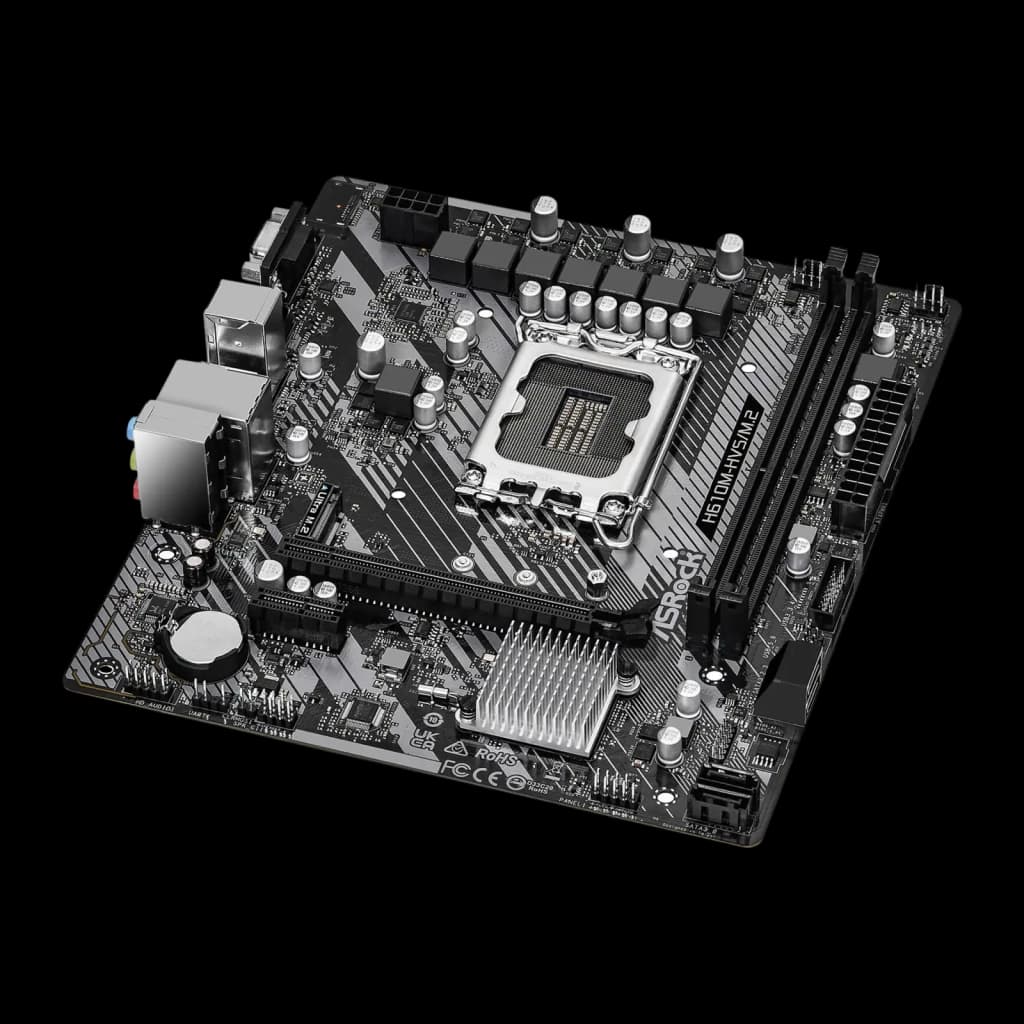 ASRock H610M-HVS/M.2 R2.0 microATX 64GB, vue en perspective: angle isométrique montrant socket, I/O et dissipateur