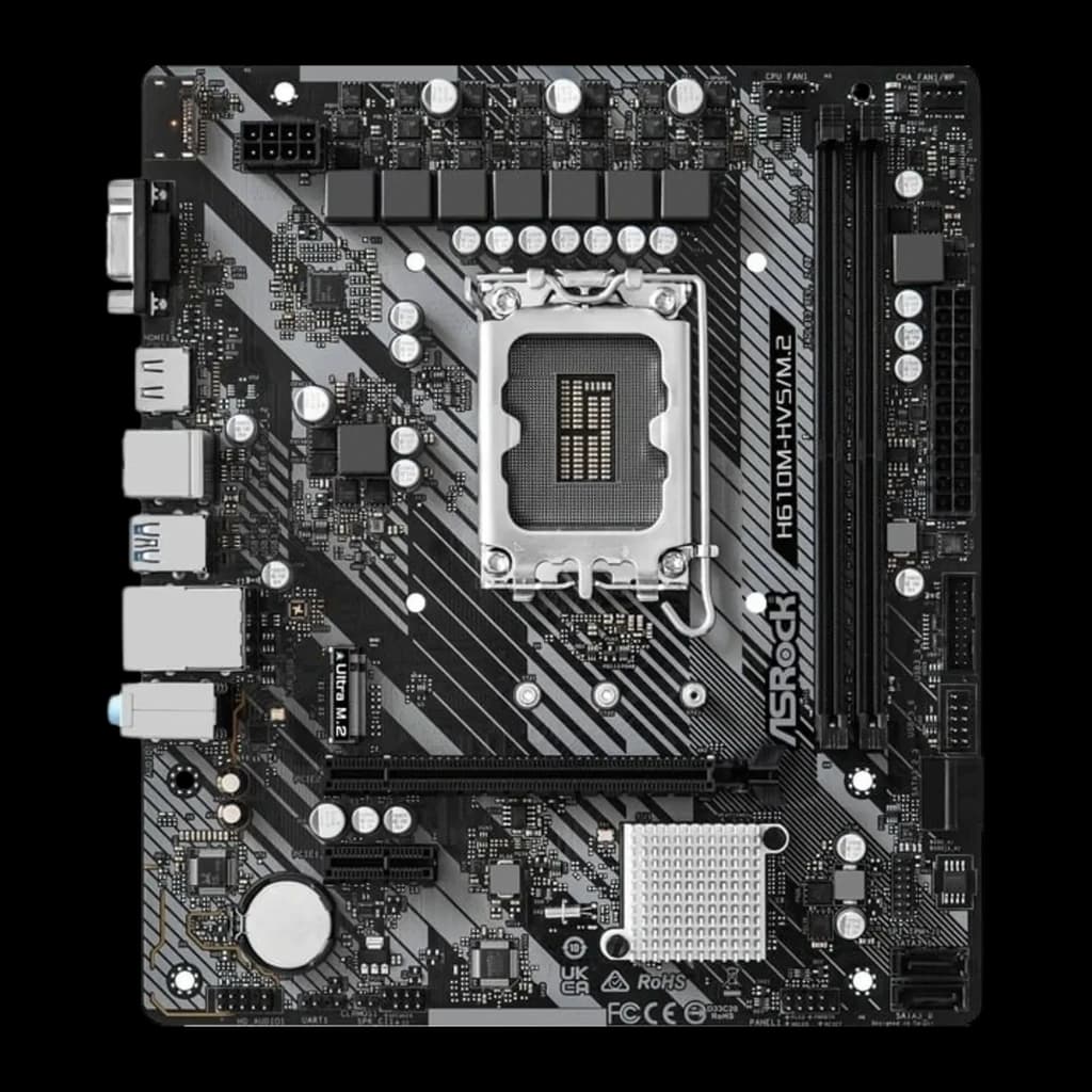 ASRock H610M-HVS/M.2 R2.0 microATX 64GB, vue avant: socket LGA1700, slots DDR4, slot M.2 et dissipateur chipset