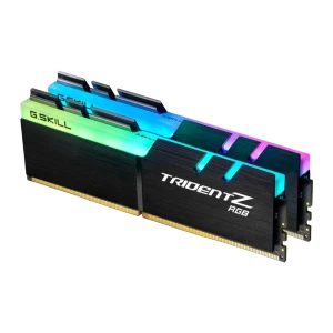 G.Skill Trident Z RGB 32GB DDR4 preto, vista frontal em ângulo: dois módulos com iluminação RGB no topo e dissipador preto