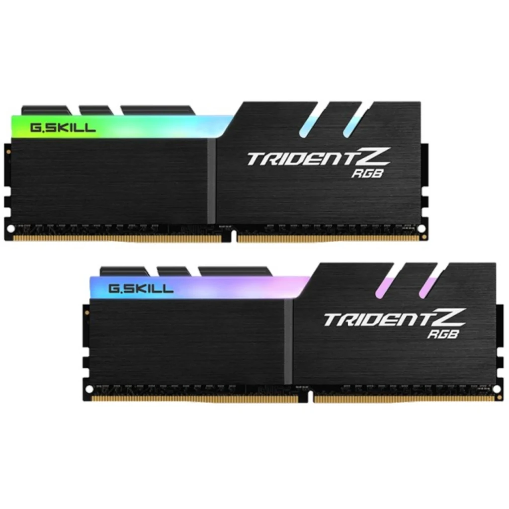 G.Skill Trident Z RGB 32GB DDR4 preto, vista frontal em ângulo: dois módulos com iluminação RGB no topo e dissipador preto - Item2