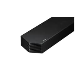 Samsung Barre de son HW-Q800F Noir, vue latérale en angle: grille en tissu sur le dessus et fentes latérales en détail