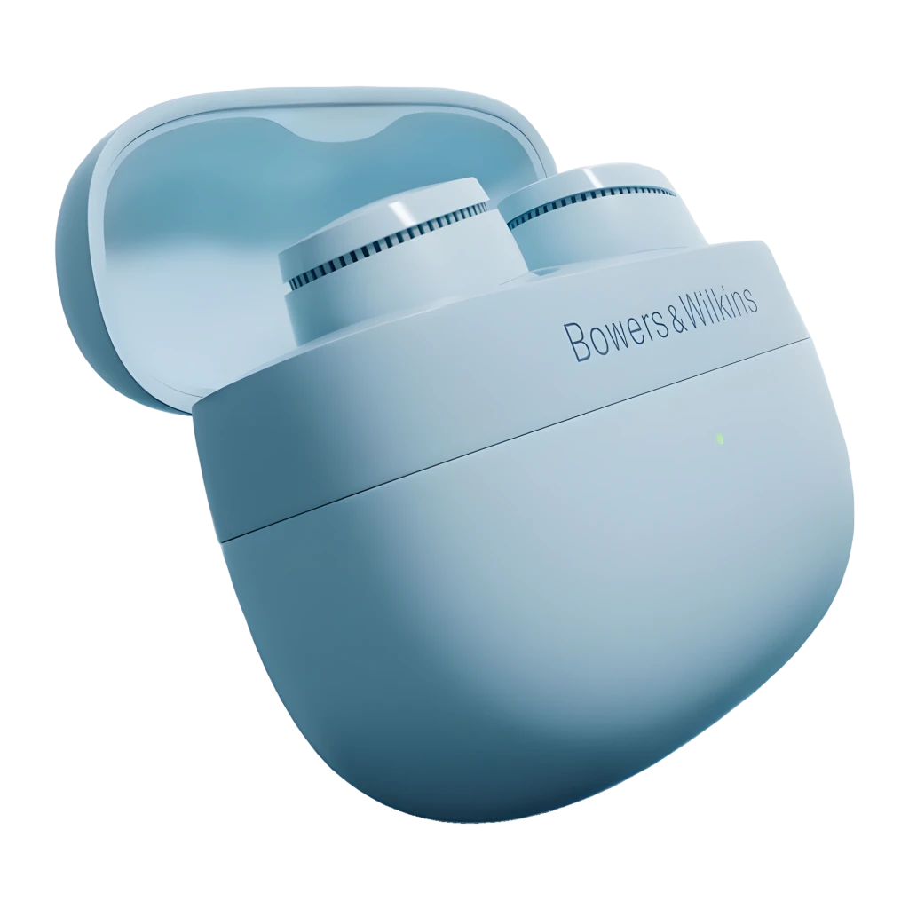 Bowers & Wilkins Pi6 Azul ártico, vista en perspectiva: dos auriculares TWS azules con logo y puntas de silicona blancas - Ítem11