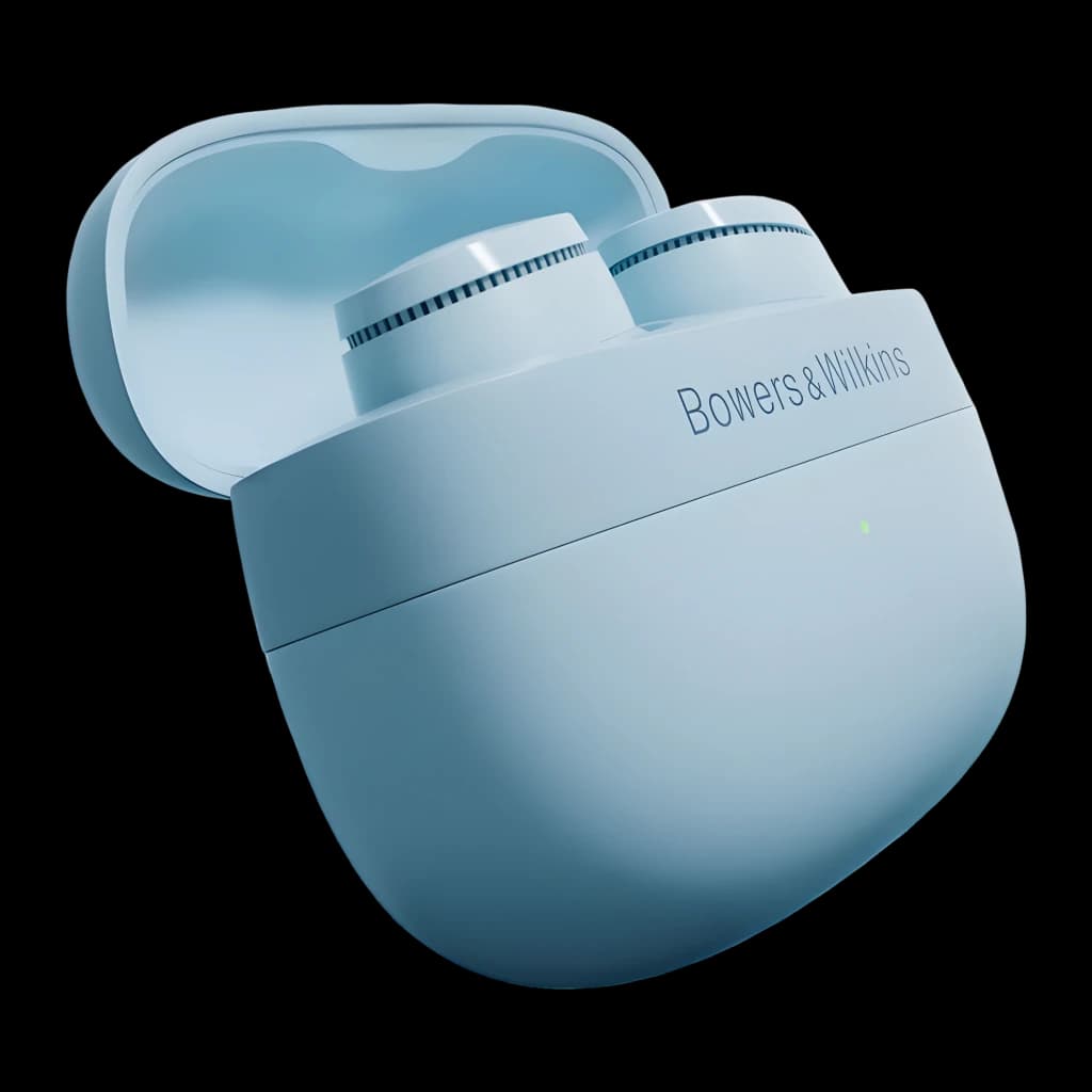 Bowers & Wilkins Pi6 Azul ártico, vista frontal: estojo aberto com auriculares dentro, logo e LED verde visíveis
