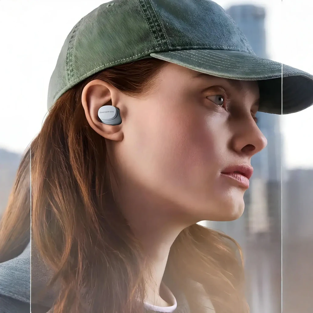 Bowers & Wilkins Pi6 Azul ártico, vista en perspectiva: dos auriculares TWS azules con logo y puntas de silicona blancas - Ítem2