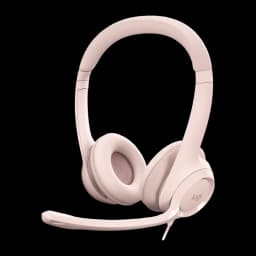 Logitech Auriculares H390 USB Rosa, vista frontal em ângulo: arco, almofadas e microfone flexível com cabo