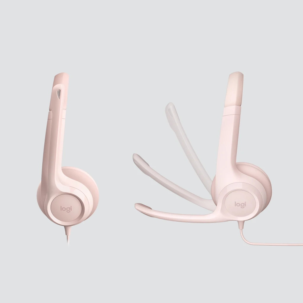 Logitech Auriculares H390 USB Rosa, vista frontal en ángulo: diadema, almohadillas y micrófono flexible con cable - Ítem1