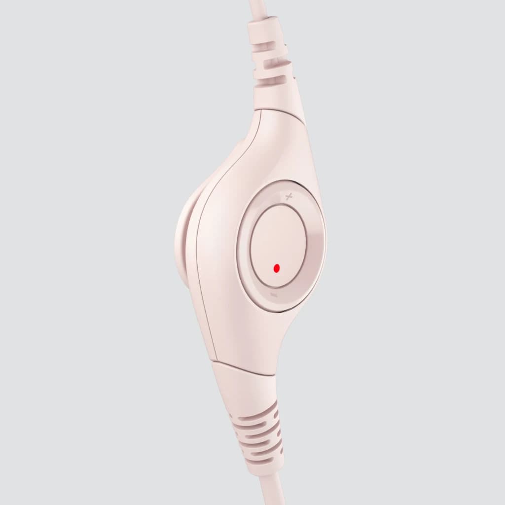 Logitech Auriculares H390 USB Rosa, detalhe: controlo de volume em linha rosa com botão circular e ponto vermelho de mudo