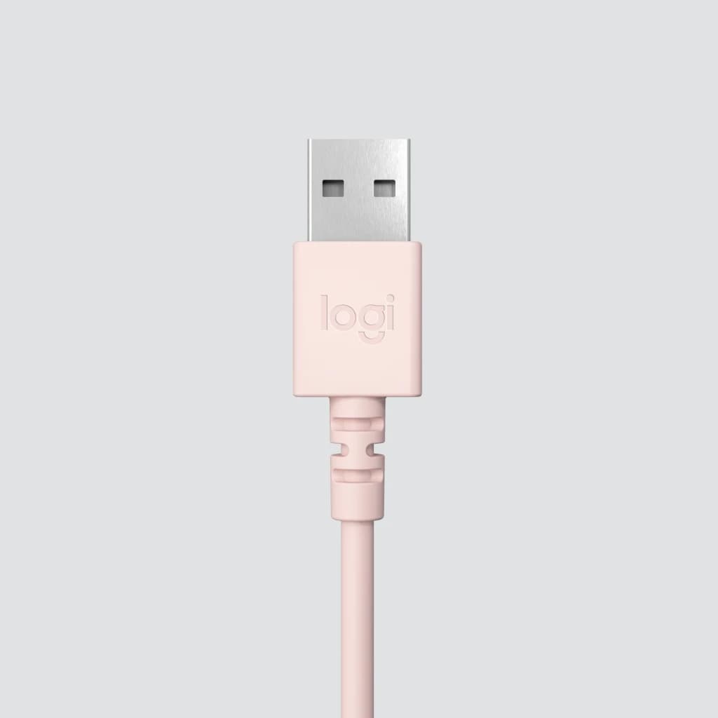Logitech Auriculares H390 USB Rosa, detalhe: conector USB-A rosa com logo Logi e cabo em primeiro plano