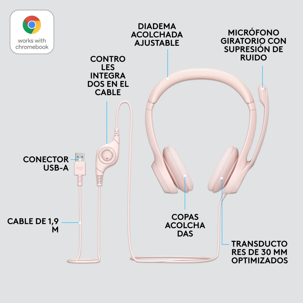 Logitech Auriculares H390 USB Rosa, vista frontal en ángulo: diadema, almohadillas y micrófono flexible con cable - Ítem5