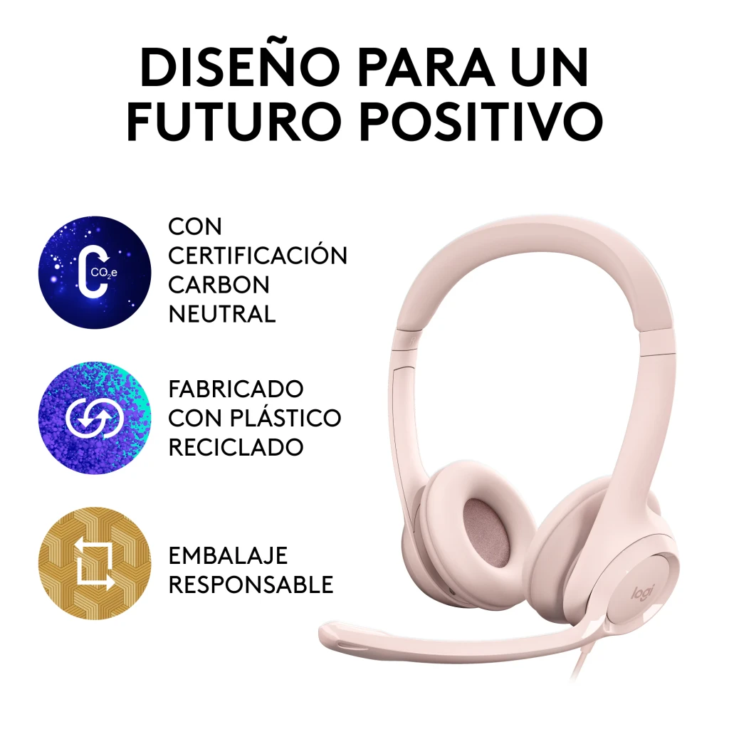 Logitech Auriculares H390 USB Rosa, vista frontal en ángulo: diadema, almohadillas y micrófono flexible con cable - Ítem6