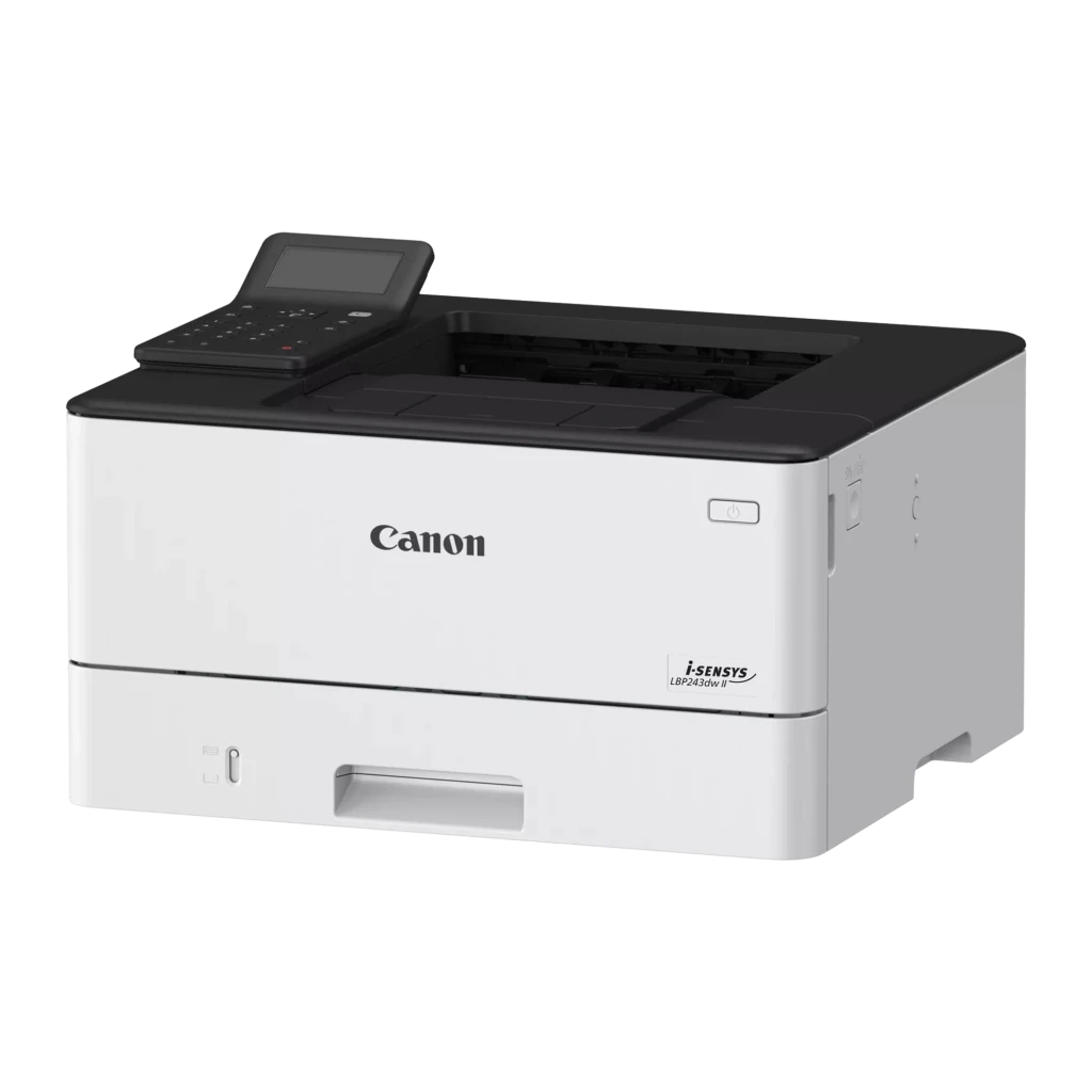 Canon i-SENSYS LBP243dw II blanche, vue de face: panneau de commande noir, bac de sortie et tiroir à papier - Ítem2