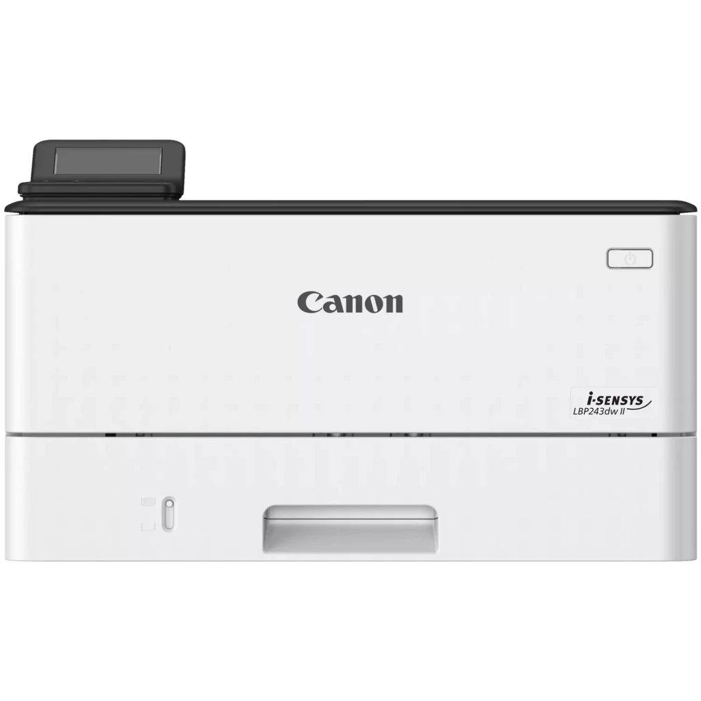 Canon i-SENSYS LBP243dw II blanche, vue de face: panneau de commande noir, bac de sortie et tiroir à papier - Ítem1
