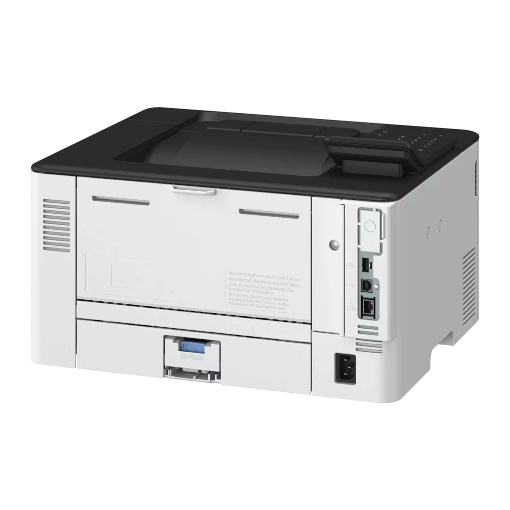 Canon i-SENSYS LBP243dw II blanche, vue de face: panneau de commande noir, bac de sortie et tiroir à papier - Ítem3