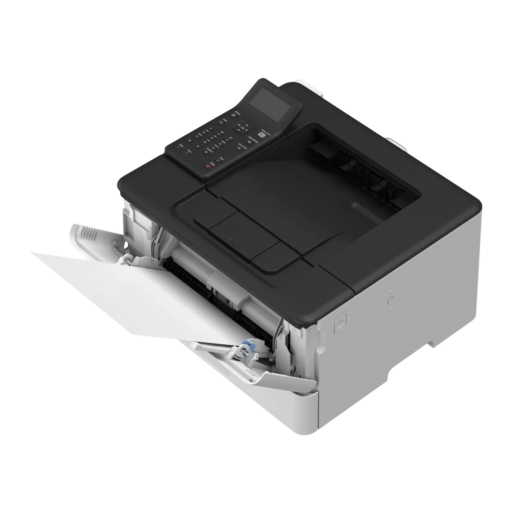 Canon i-SENSYS LBP243dw II blanche, vue de face: panneau de commande noir, bac de sortie et tiroir à papier - Ítem5