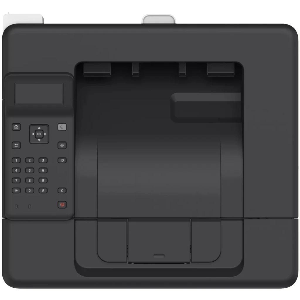 Canon i-SENSYS LBP243dw II blanche, vue de face: panneau de commande noir, bac de sortie et tiroir à papier - Ítem7