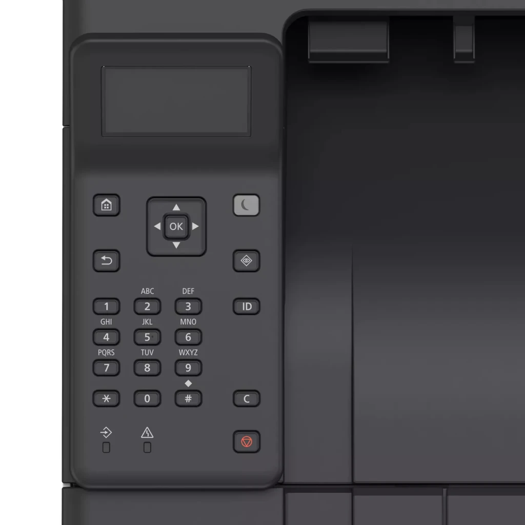 Canon i-SENSYS LBP243dw II blanche, vue de face: panneau de commande noir, bac de sortie et tiroir à papier - Ítem9