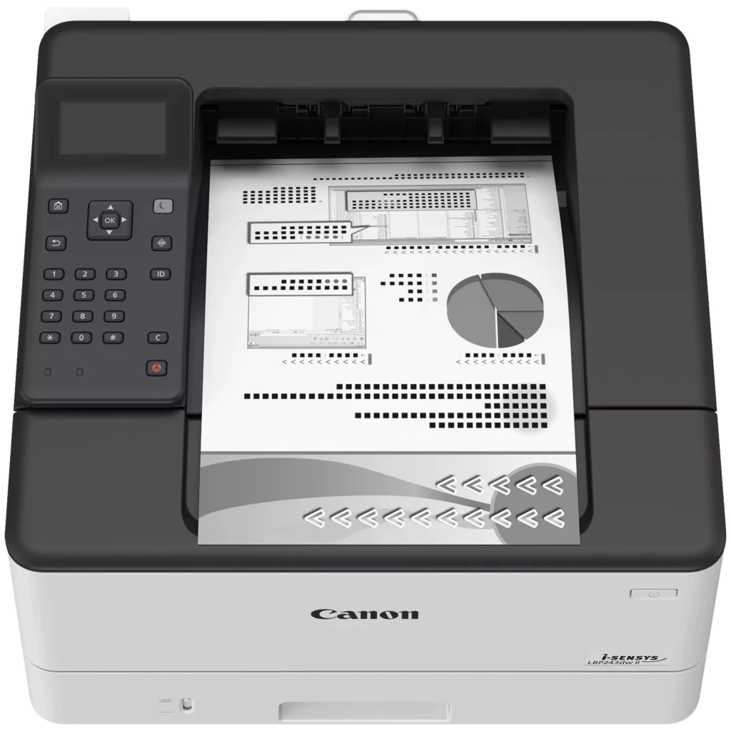Canon i-SENSYS LBP243dw II blanche, vue de face: panneau de commande noir, bac de sortie et tiroir à papier - Ítem8