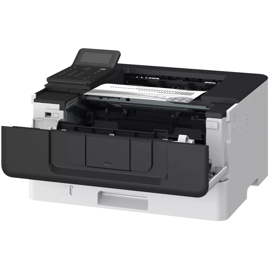 Canon i-SENSYS LBP243dw II blanche, vue de face: panneau de commande noir, bac de sortie et tiroir à papier - Ítem6