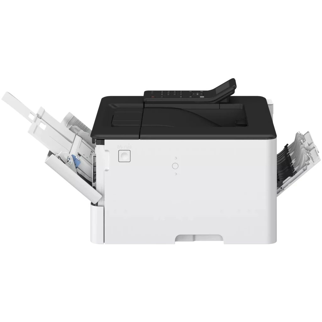 Canon i-SENSYS LBP243dw II blanche, vue de face: panneau de commande noir, bac de sortie et tiroir à papier - Ítem10