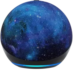 Haut-parleur sphérique bleu galaxie avec base noire et anneau lumineux LED bleu, motif étoiles et nébuleuses, tissu maillé sur toute la surface