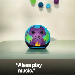 Enceinte Amazon Echo Dot Kids 5e gén Dragon, sphère compacte avec motif dragon violet, ailes vertes, LED bleu en base, câble arrière, tissu coloré