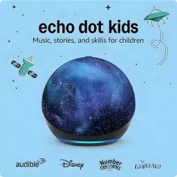 Enceinte sphérique enfant au motif galaxie violet bleu avec base noire à anneau lumineux bleu, logos Audible Disney Numberblocks Gruffalo et icônes spatiales