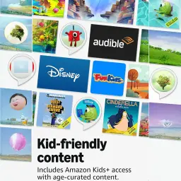 Mosaïque de contenus pour enfants: logos Disney, Audible, FunKids, Minecraft et contes, bulles de dialogue colorées sur fonds vifs, style ludique et familial
