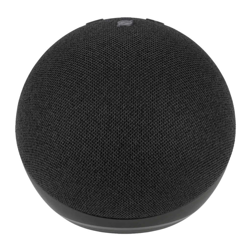 Amazon Echo Dot 5ª generación antracita, vista frontal en ángulo: forma esférica con tela gris y anillo LED azul encendido - Ítem1