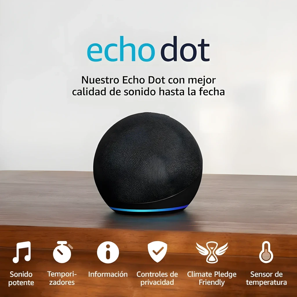 Amazon Echo Dot 5ª generación antracita, vista frontal en ángulo: forma esférica con tela gris y anillo LED azul encendido - Ítem3