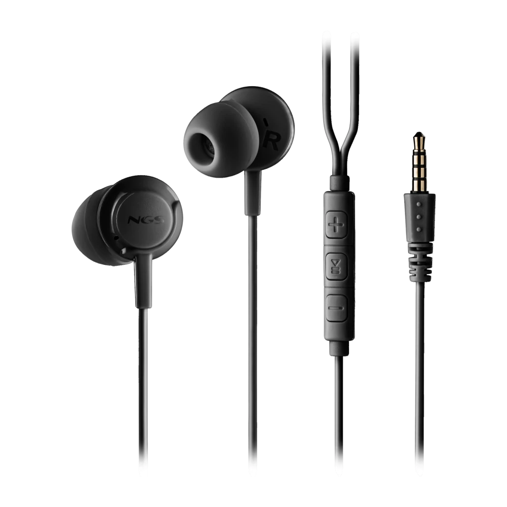 NGS Cross Drift noir, vue détail: écouteurs in-ear avec télécommande en ligne, trois boutons et jack 3.5mm doré