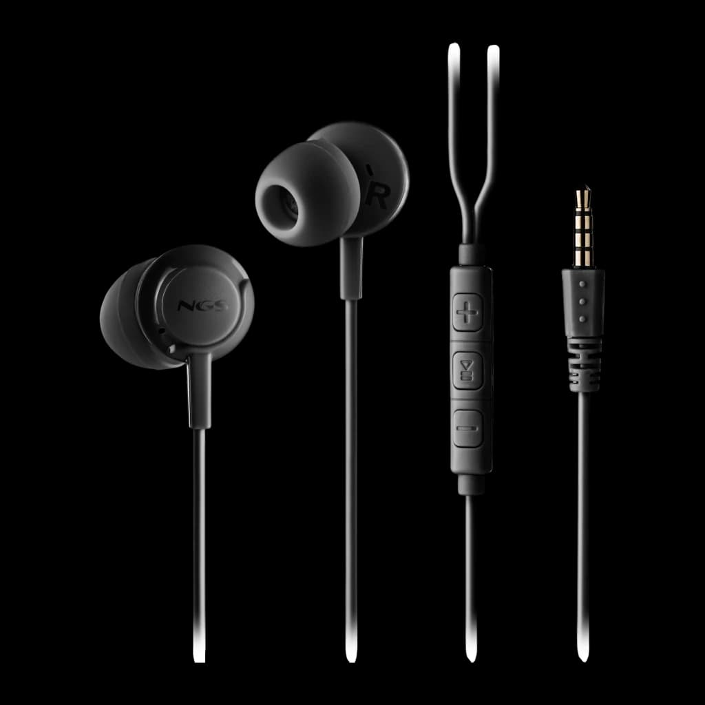 NGS Cross Drift noir, vue détail: écouteurs in-ear avec télécommande en ligne, trois boutons et jack 3.5mm doré