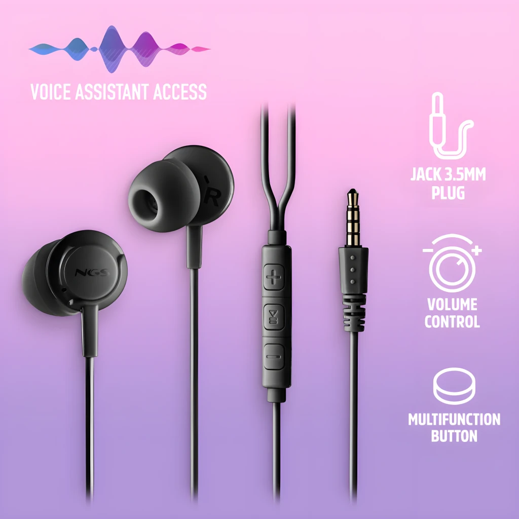NGS Cross Drift noir, vue détail: écouteurs in-ear avec télécommande en ligne, trois boutons et jack 3.5mm doré - Ítem5