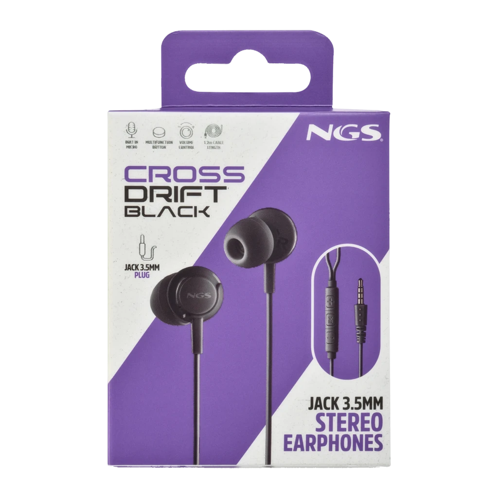 NGS Cross Drift noir, vue détail: écouteurs in-ear avec télécommande en ligne, trois boutons et jack 3.5mm doré - Ítem8