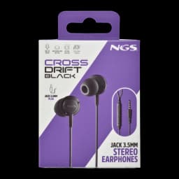 NGS Écouteurs Cross Drift Noir, boîte avant: emballage violet avec écouteurs noirs jack 3.5mm visibles