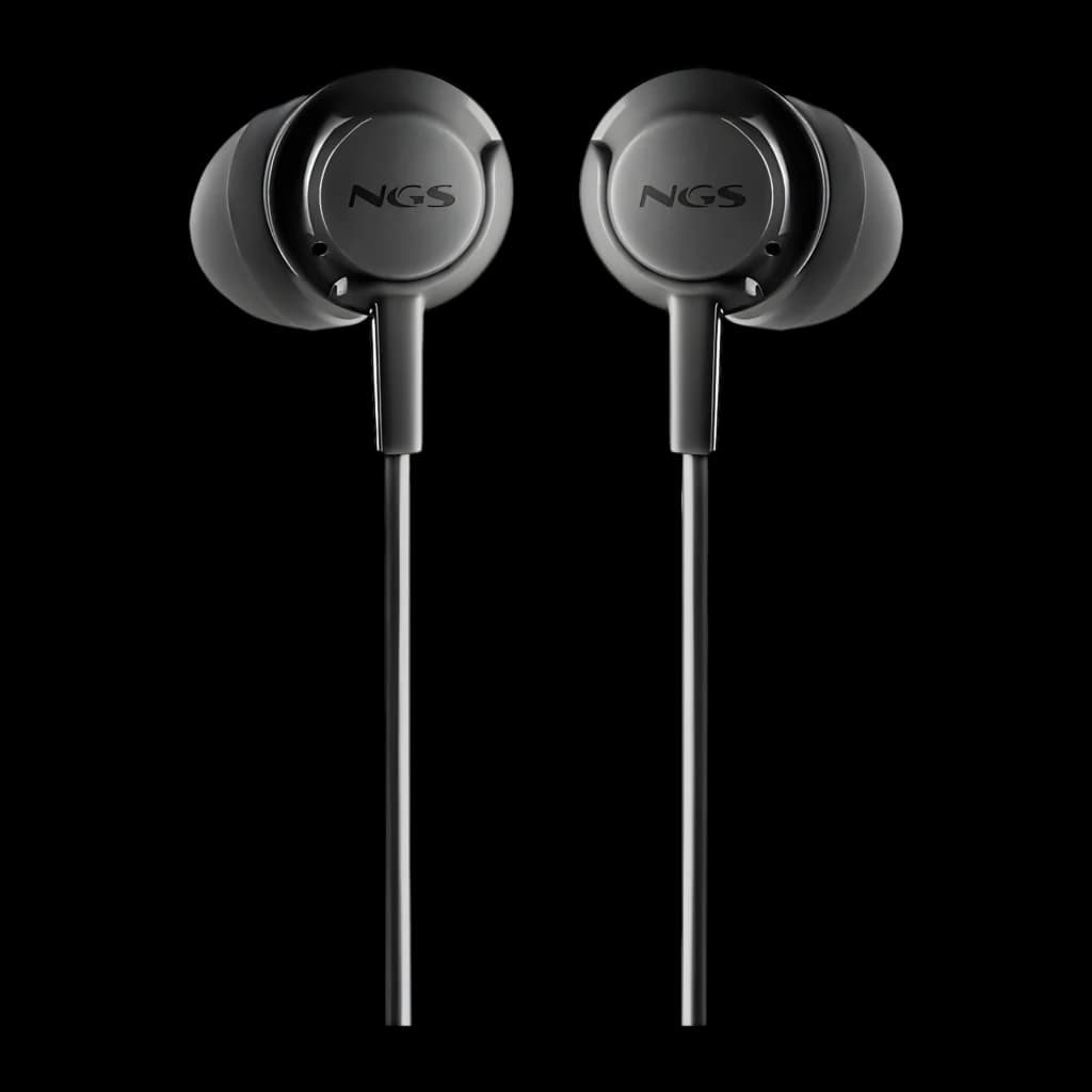 NGS Cross Drift noir, vue de face: les deux écouteurs in-ear avec logo NGS et câble sur fond noir