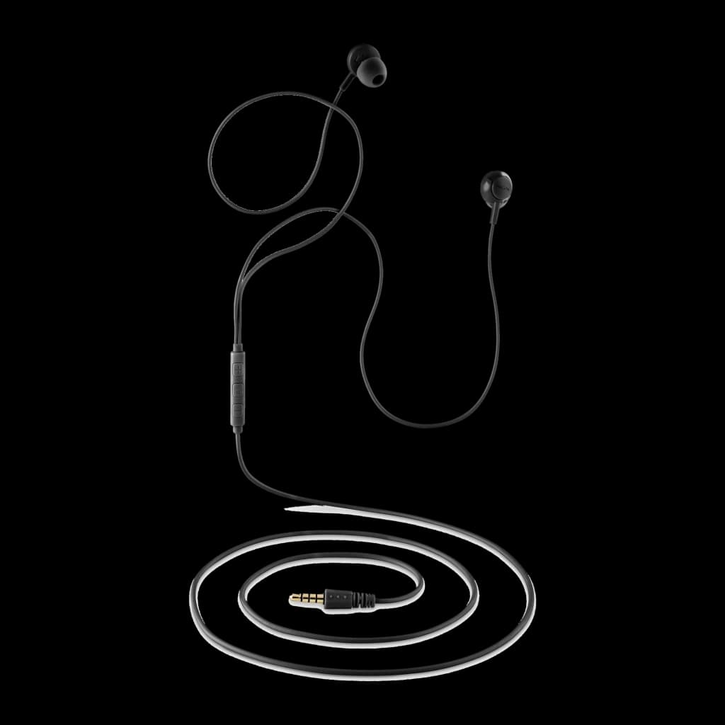 NGS Cross Drift noir, vue complète: écouteurs intra-auriculaires avec câble, télécommande en ligne et jack 3.5mm enroulé