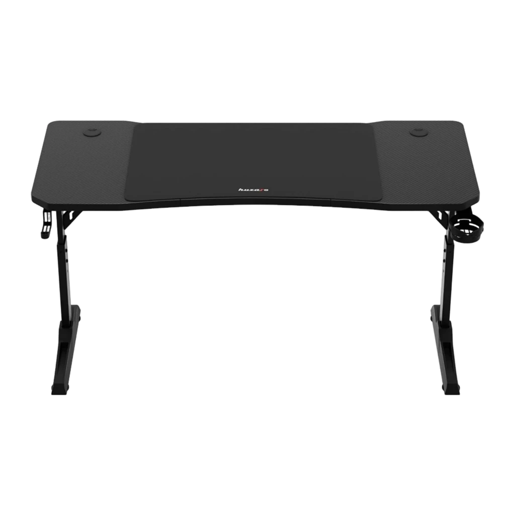 Huzaro Mesa gaming Hero 3.6 Negro, vista en perspectiva: superficie texturizada, patas en T, portavasos y logo lateral - Ítem1