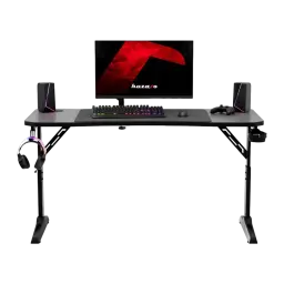 Huzaro Mesa gaming Hero 3.6 Negro, vista frontal en uso: monitor, teclado RGB, auriculares colgados y altavoces sobre la mesa